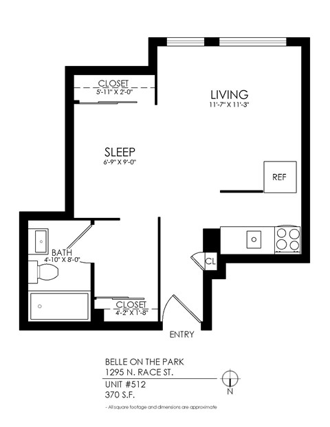 Floor plan for studio, 1 bath, 355 sqft